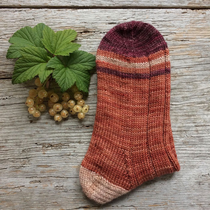 A folded hand knit striped sock next to a cluster of white currants