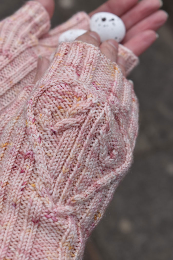 A pair of hands in pink cabled fingerless mittens with two speckled eggs