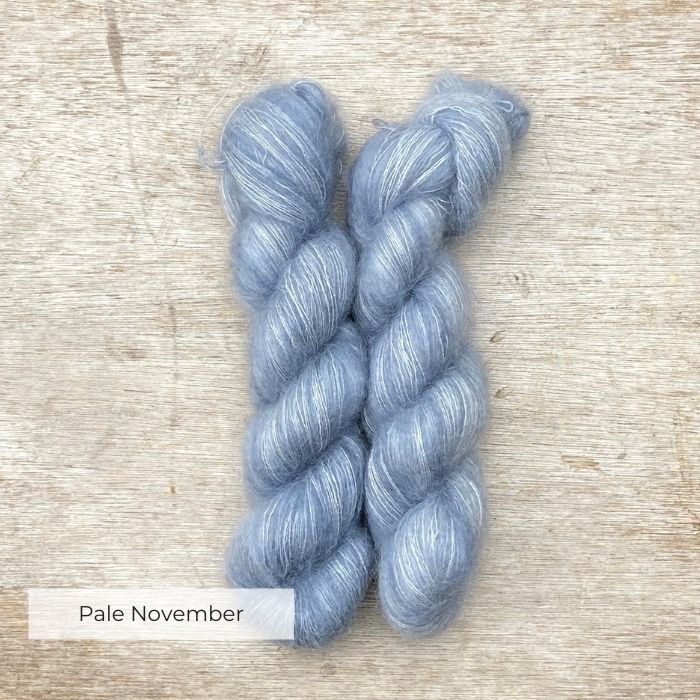 Two skeins of fluffy mohair in a soft light blue