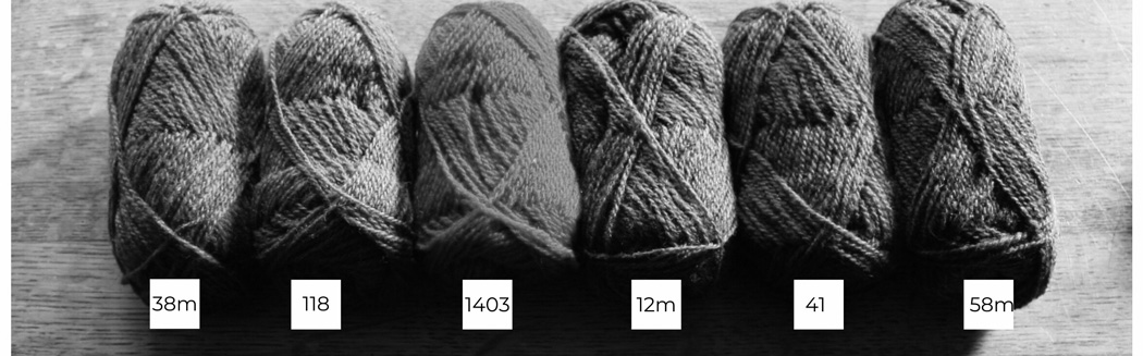 Six balls of Shetland wool lined up in a row from light to dark in black and white