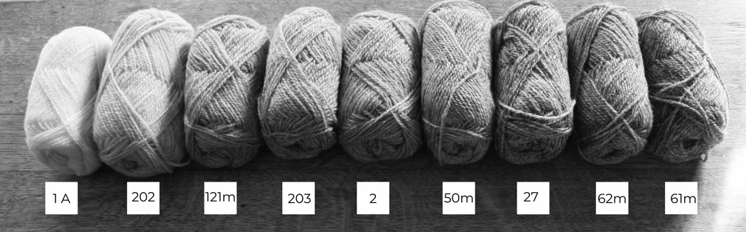 Nine balls of Shetland wool lined up in a row from light to dark in black and white