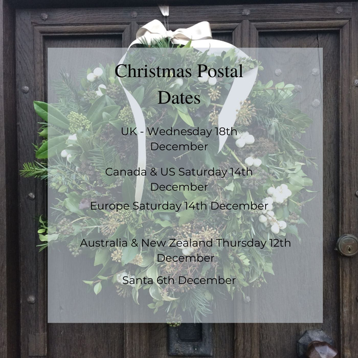 Image: An old oak door with a black iron letterbox and a lush evergreen wreath. Superimposed on the picture is a white square with the postal dates for Christmas