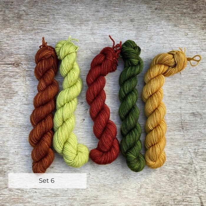 Five mini skeins of sock wool in rust, chartreuse, burnt red, green and ochre