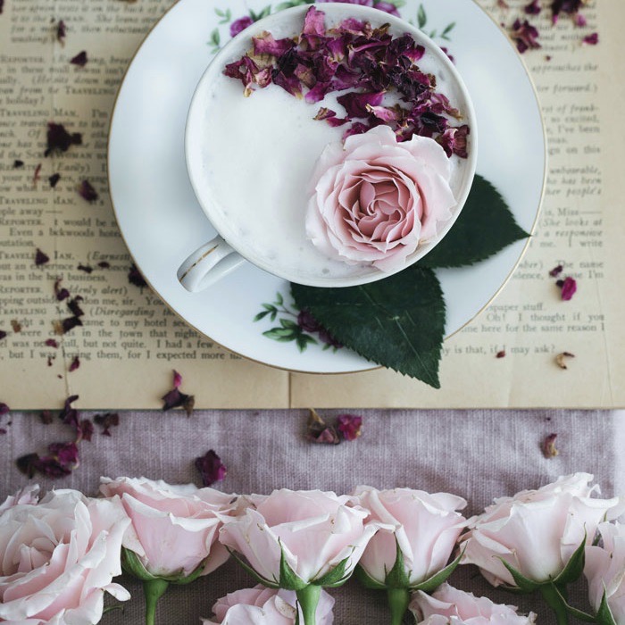 A teacup on a book surrounded by roses and petals