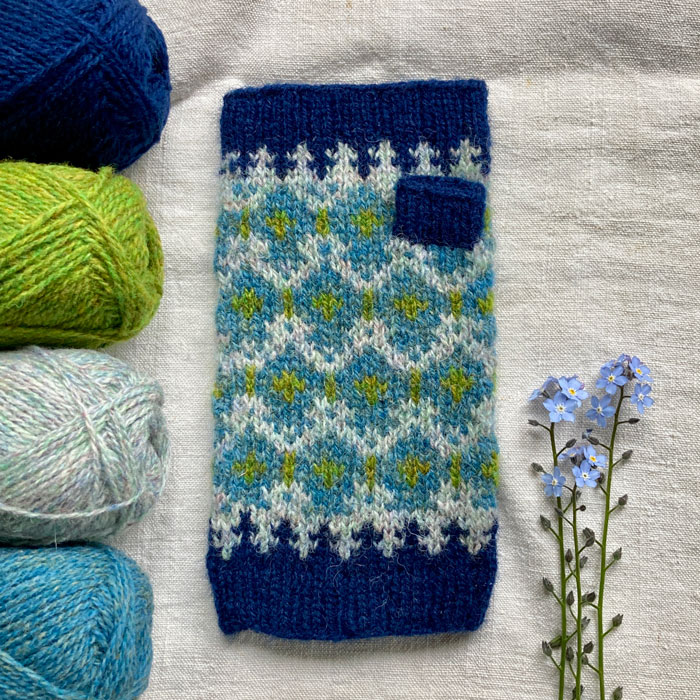 A single mitten a sprig of forget me nots and the wool needed to knit the mitts