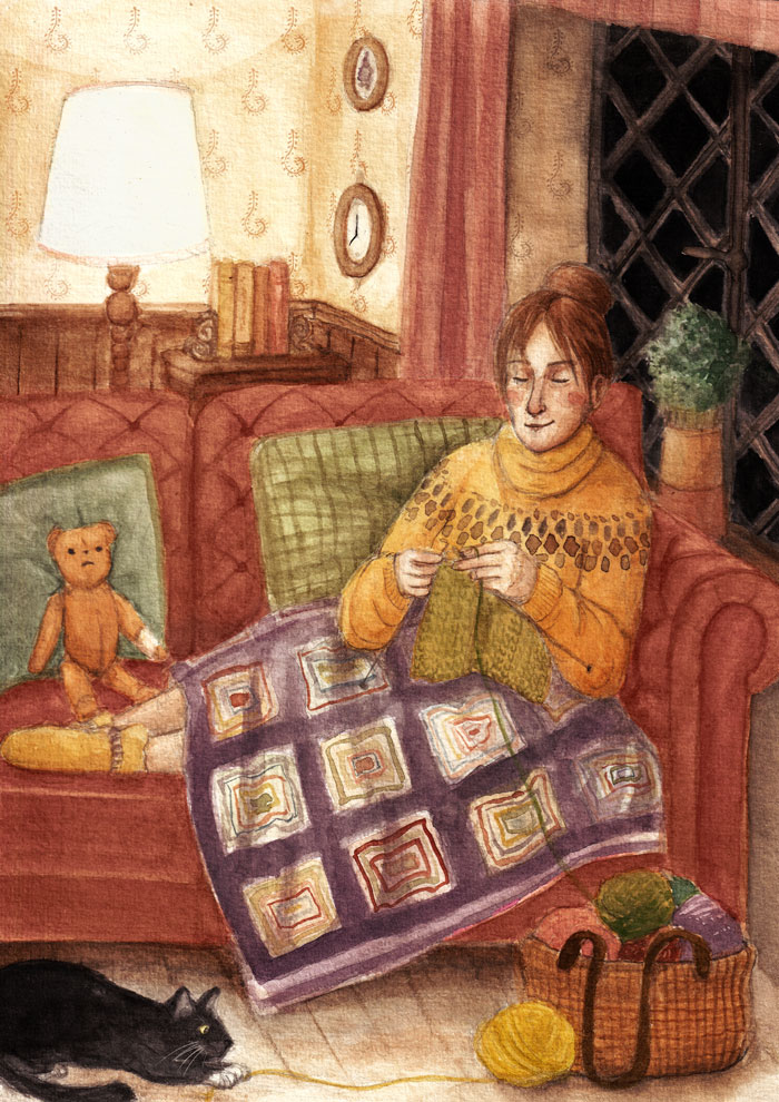 A painting of a woman sitting on a sofa knitting with a patchwork quilt on her lap and darkness outside