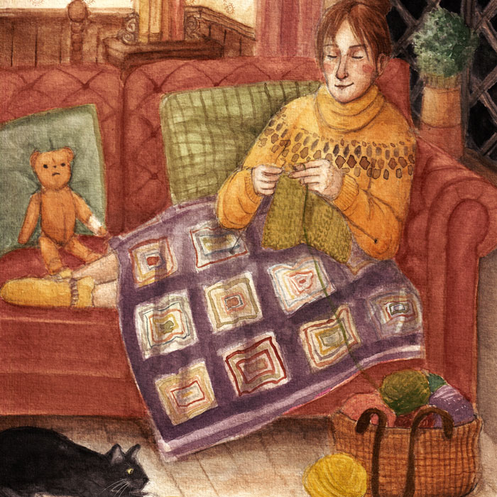 A painting of a woman sitting on a sofa knitting with a patchwork quilt on her lap and darkness outside