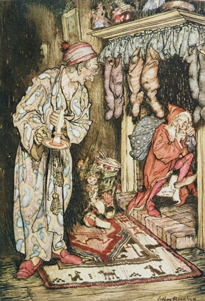 A painting by Arthur Rackham of a Victorian scene of a man in his dressing gown holding a candle watching Father Christmas at the chimney