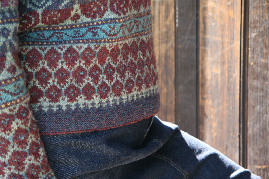 A close up of the patterned hem of a fair isle jumper