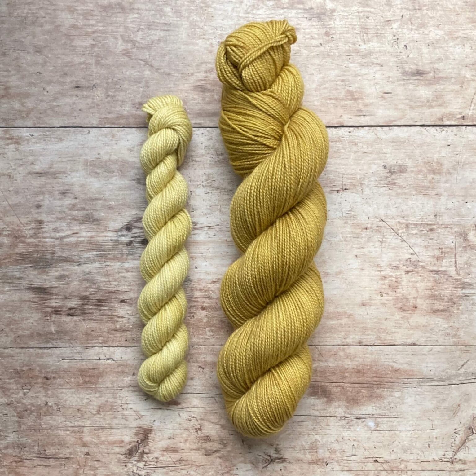 A full skein of Classic Sock in a mustard yellow with a smaller skein in a lighter yellow on a wood background