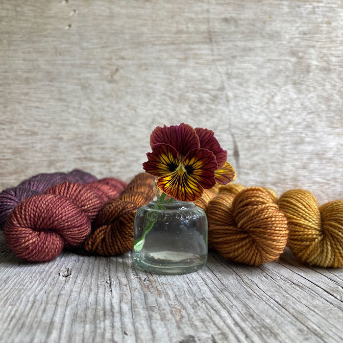 A single flower of viola tiger eye in an old ink bottle surrounded by matching mini skeins