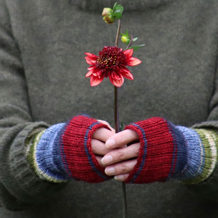 A woman's hands wearing stripy wrist warmers holding a flower