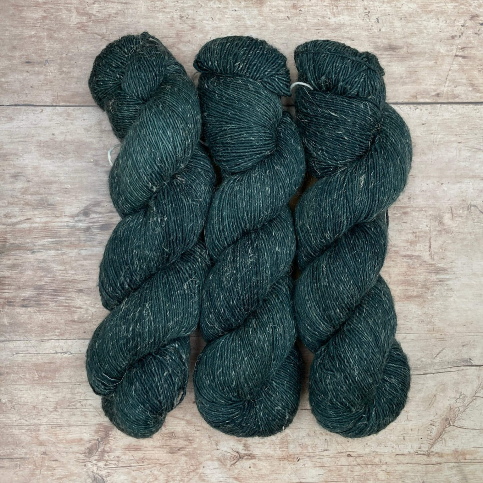 Three skeins of Flax in dark stormy blue