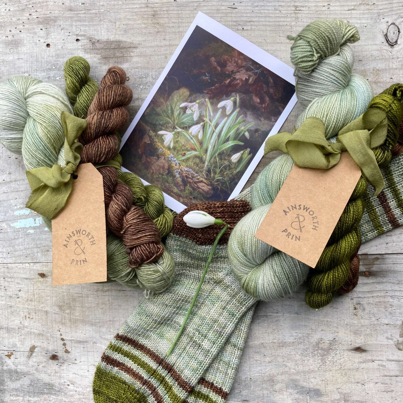 A pair of socks and two sets of yarn with the picture that inspired their colour
