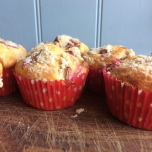 Rhubarb crumble muffins in polka dot cases