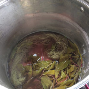 A pan of simmering leaves with a skein of yarn