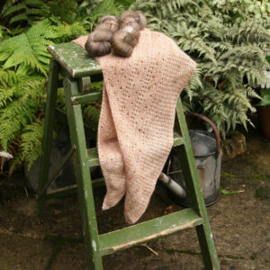 A soft pink shawl draped over a pair of old green wooden steps in front of potted ferns