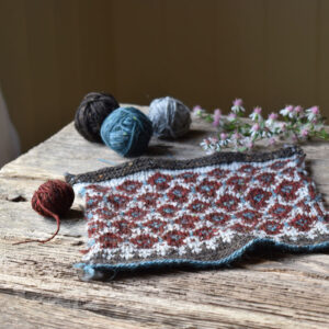 A colour work sample in tweedy wool on a wooden background