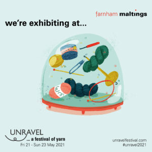 An illustration of a snow globe filled with yarn things such as a ball of wool, needles, snips and crochet hooks