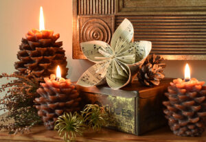 A paper flower on a mantlepiece