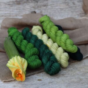 Five mini skeins of Classic sock wool in shades of green with a courgette