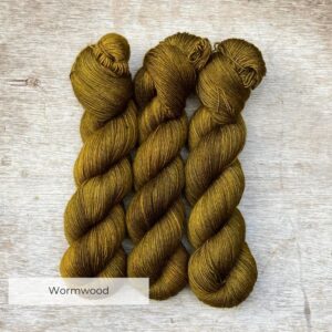 Three skeins of Mohair Sock in a yellow green khaki