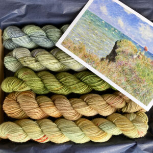 Five mini skeins in a tissue paper lined box with the card that inspired the colours