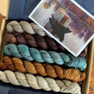 Five mini skeins of sock yarn in a tissue lined box along with the picture that inspired their colours