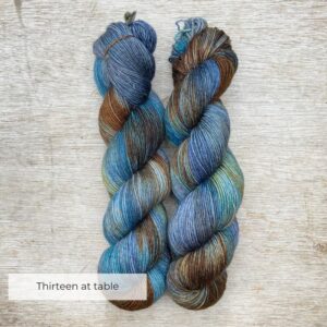 Two skeins of merino and mohair sock yarn in golden brown, denim and turquoise