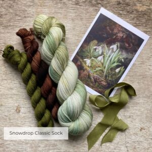 A full skein of pale green, grey and white sock yarn with two minis in moss green and brown and the picture that inspired them