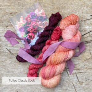 A full skein of Classic sock in a pink with flashes of ochre and plum with two smaller skeins of purple plum and rose and the picture that inspired them.