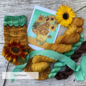 A print of Van Gogh's Sunflowers with a full skein and two minis to match with a silk ribbon