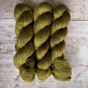 Three skeins of Merino Mohair in a yellow green khaki